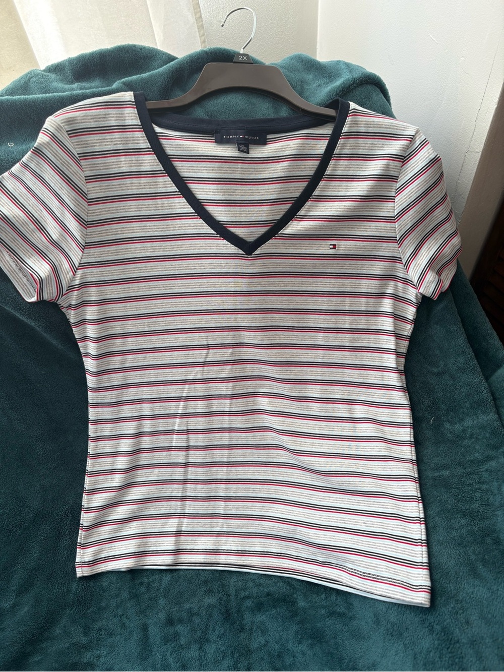 Tommy Hilfiger Striped V-Neck Tee in White, Red, Navy